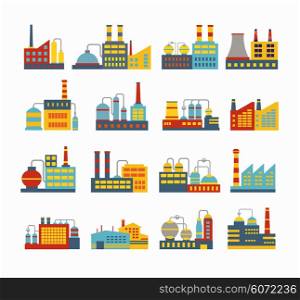 Set of vector industrial buildings. Boiler building. Power building. Warehouses building. Factories building. The substation building. Buildings urban industrial buildings.