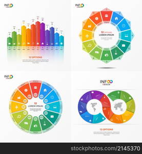 Set of vector infographic 12 options templates for presentations, advertising, layouts, annual reports. The elements can be easily adjusted, transformed, added, deleted and the colour can be changed.. Set of vector infographic 12 options templates