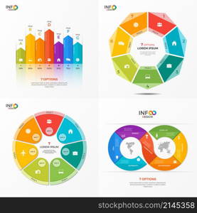 Set of vector infographic 7 options templates for presentations, advertising, layouts, annual reports. The elements can be easily adjusted, transformed, added, deleted and the colour can be changed.. Set of vector infographic 7 options templates