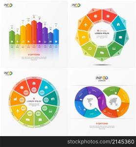 Set of vector infographic 9 options templates for presentations, advertising, layouts, annual reports. The elements can be easily adjusted, transformed, added, deleted and the colour can be changed.. Set of vector infographic 9 options templates