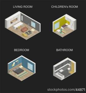 Set of vector isometric rooms on black background. Set consists of living room, bedroom, children's room and bathroom.