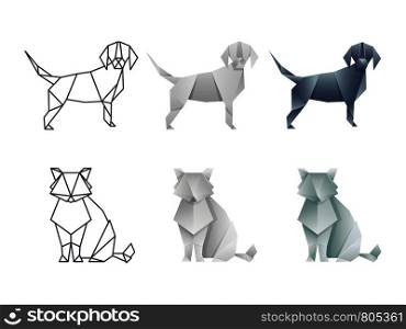 Set of vector japanese origami cat and dog isolated on white background illustration. Set of vector japanese origami cat and dog