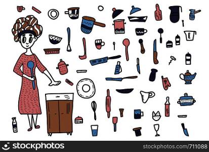 Set of vector kitchen equipments and housekeeper in doodle style. Collection of kitchen dishes and tools objects isolated on white background.