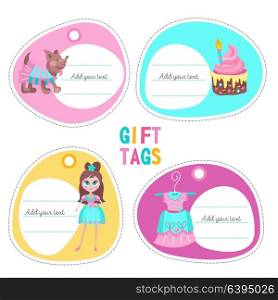 Set of vector labels, tags, invitations with place for text. Beautiful girl doll, cute little dog in costume, a cake with a candle on a birthday party, a beautiful dress for the Princess. Isolated on a white background.