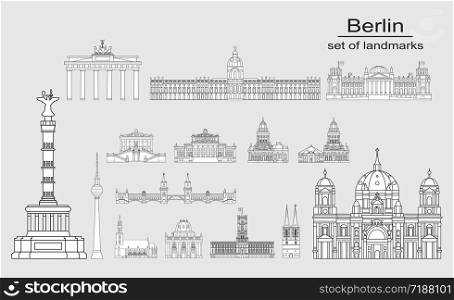 Set of vector line art illustration of landmarks of Berlin, Germany. Berlin monochrome vector illustration isolated on grey background. Moscow icon, building outline. German tourism vector concept. Stock illustration.