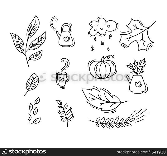 Set of vector monoline doodle floral elements. Autumn collection graphic design. Herbs, leaves, boots, teapot, cup and pumpkin. Hand drawn thanksgiving modern fall decor.. Set of vector monoline doodle floral elements. Autumn collection graphic design. Herbs, leaves, boots, teapot, cup and pumpkin. Hand drawn thanksgiving modern fall decor