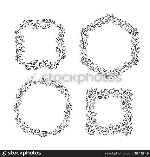 Set of vector monoline round autumn wreath. Bouquet frame with leaves, berries and other autumnal elements isolated on white background. Perfect for seasonal holidays, Thanksgiving Day.. Set of vector monoline round autumn wreath. Bouquet frame with leaves, berries and other autumnal elements isolated on white background. Perfect for seasonal holidays, Thanksgiving Day