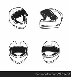 Set of vector Moto helmet icons from different angles isolated on a white background. The concept of riding a motorcycle, high speed, safety and protection. Set of elements for a website or app.