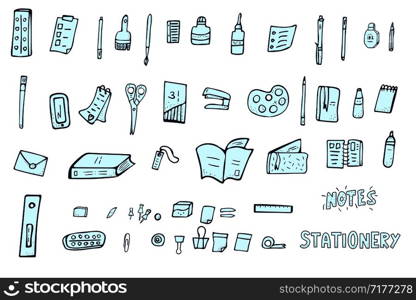 Set of vector office supplies. Collection of stationery in doodle style. School tools isoalted on white background.