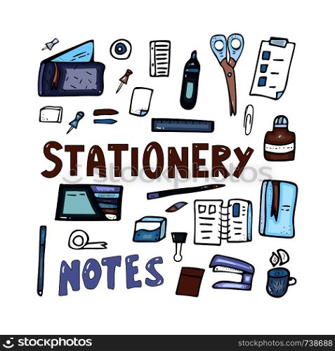 Set of vector office supplies. Collection of stationery in doodle style. School equipment isolated on white background.