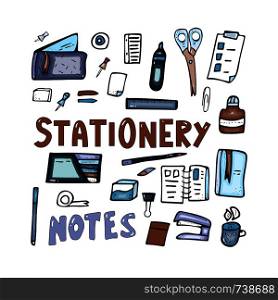 Set of vector office supplies. Collection of stationery in doodle style. School equipment isolated on white background.