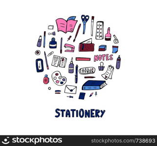 Set of vector office supplies. Collection of stationery in doodle style. Round badge of school tools.