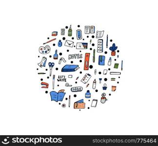Set of vector office supplies. Collection of stationery in doodle style. Round composition with school tools.