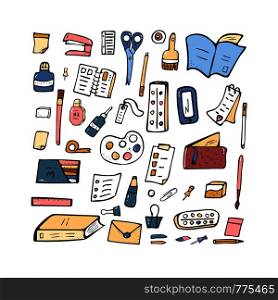 Set of vector office supplies. Collection of stationery in doodle style.
