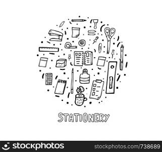 Set of vector office supplies. Collection of stationery in doodle style. Round shpe coloring page.