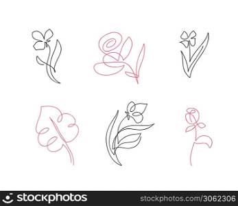 Set of vector one line flowers line art. Minimalist contour drawing. One line artwork.. Set of vector one line flowers line art. Minimalist contour drawing. One line artwork