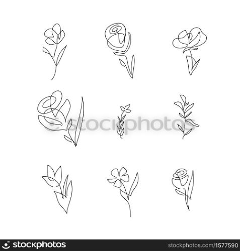 Set of vector one line flowers. Minimalist line art. Continuous contour hand drawn. One line artwork for stylish decor on wall or greeting card.. Set of vector one line flowers. Minimalist line art. Continuous contour hand drawn. One line artwork for stylish decor on wall or greeting card