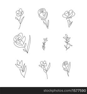 Set of vector one line flowers. Minimalist line art. Continuous contour hand drawn. One line artwork for stylish decor on wall or greeting card.. Set of vector one line flowers. Minimalist line art. Continuous contour hand drawn. One line artwork for stylish decor on wall or greeting card