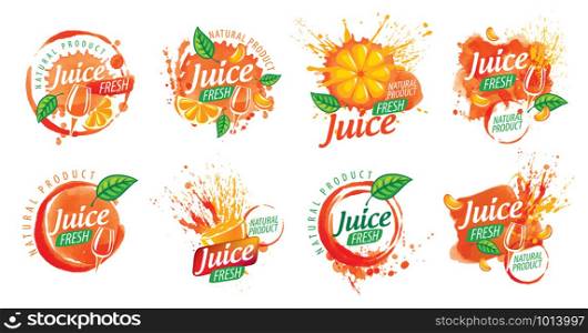Set of vector orange juice splatter logos on white background.. Set of vector orange juice splatter logos on white background