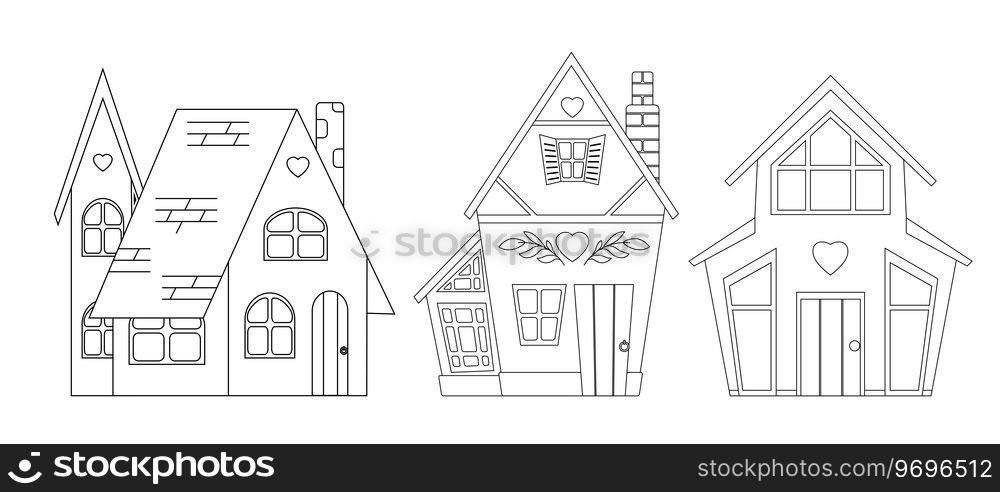 Set of vector outline illustrations of country houses. Collection of contour cute rural buildings isolated from background. House rent.. Set of vector outline illustrations of country houses. Collection of contour cute rural buildings