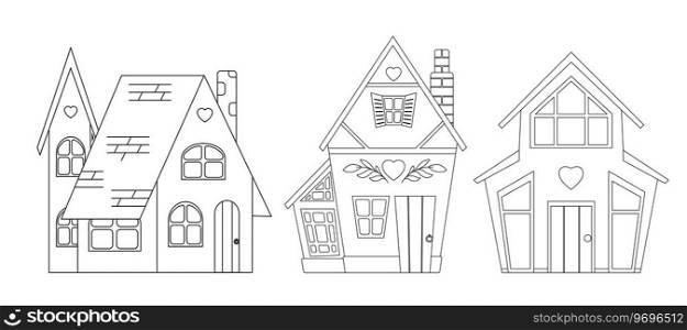 Set of vector outline illustrations of country houses. Collection of contour cute rural buildings isolated from background. House rent.. Set of vector outline illustrations of country houses. Collection of contour cute rural buildings