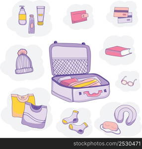 Set of vector pictures of luggage, clothes and things for travel on vacation on blue background. Bon voyage. Vector illustration