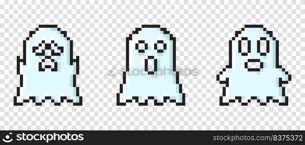 Set of vector pixel art ghost. Pixel character ghosts. Pixel art ghosts set. Retro 8 bit pixel ghosts and spirits icons. Pixel art paranormal ghosts pack. Vector illustration