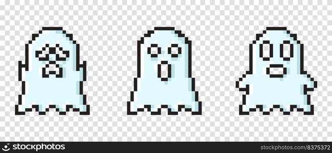 Set of vector pixel art ghost. Pixel character ghosts. Pixel art ghosts set. Retro 8 bit pixel ghosts and spirits icons. Pixel art paranormal ghosts pack. Vector illustration