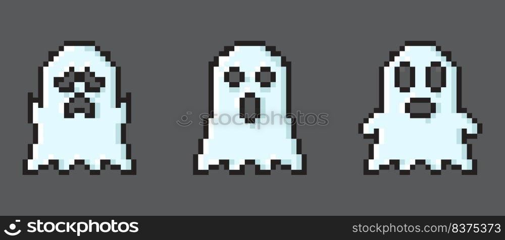 Set of vector pixel art ghost. Pixel character ghosts. Pixel art ghosts set. Retro 8 bit pixel ghosts and spirits icons. Pixel art paranormal ghosts pack. Vector illustration