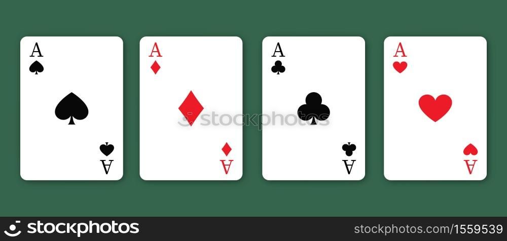 Set of vector playing cards. Poker playing cards on green background. A colection of four aces.. Set of vector playing cards. Poker playing cards on green background.