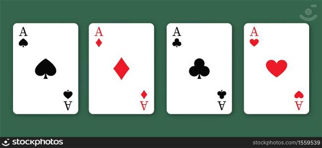 Set of vector playing cards. Poker playing cards on green background. A colection of four aces.. Set of vector playing cards. Poker playing cards on green background.