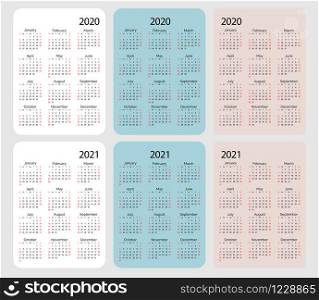Set of vector pocket calendar 2020 2021 year. Minimal business simple clean design. English grid, week starts from sunday.