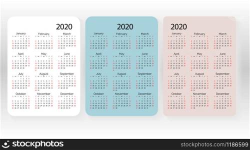 Set of vector pocket calendar 2020 year. Minimal business simple clean design. English grid, week starts from sunday.