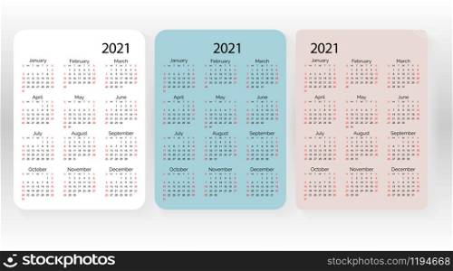 Set of vector pocket calendar 2021 year. Minimal business simple clean design. English grid, week starts from sunday.