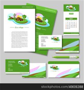 Set of vector posters, business cards, pens, flash drives, envelopes with the logo of eco-villages, ECO-house. Brand style. Suburban real estate.