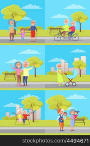 Set of Vector Posters with Grandparents and Kids. Set of vector posters with grandparents and kids doing daily activities in city park on background of bench and skyscrapers banners collection