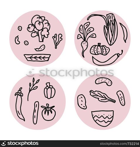 Set of vector round badges of vegetables. Collection of veg in doodle style isolated on white background.
