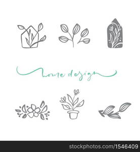 Set of vector scandinavian floral Logo. Hand drawn icon flower organic cosmetic, florist wedding, home decor. Home Design text.. Set of vector scandinavian floral Logo. Hand drawn icon flower organic cosmetic, florist wedding, home decor. Home Design text