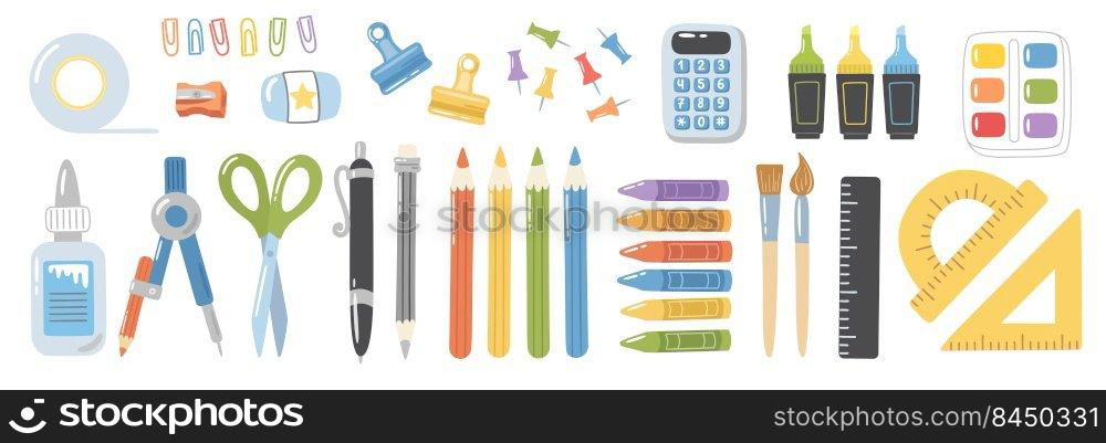 Set of vector school clipart. Hand-drawn cartoon illustrations on a white background. Pretty stationery collection. Lots of different items such as textbooks, pencils, paperclips etc 