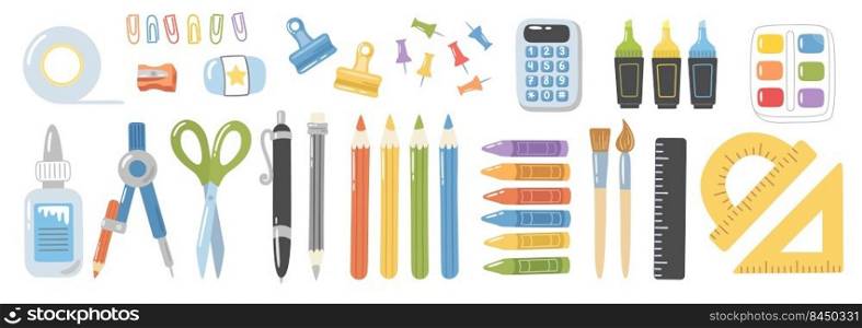 Set of vector school clipart. Hand-drawn cartoon illustrations on a white background. Pretty stationery collection. Lots of different items such as textbooks, pencils, paperclips etc 