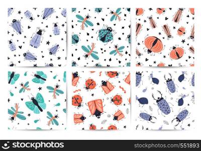 Set of vector seamless patterns with cute cartoon bug or beetle, flat and doodles, scandinavian style. Ideal for print, textile, fabric. Vector cartoon bugs