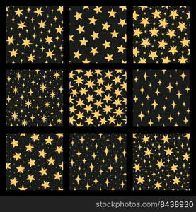 Set of vector seamless patterns with hand-drawn stars on black background. Night sky art textures. Modern illustration prints. Simple doodles for any surface design.