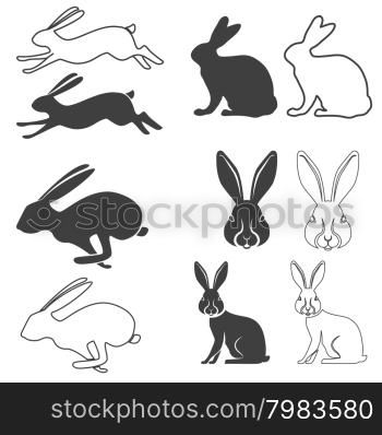 Set of vector silhouette of the rabbit, hare. Hare hunting. Rabbit silhouettes. Vector illustration.
