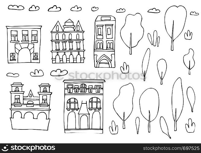 Set of vector sketch houses, trees and clouds in doodle style.