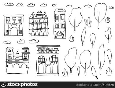 Set of vector sketch houses, trees and clouds in doodle style.