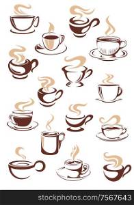 Set of vector sketch steaming hot cups of coffee or tea in brown and white with different shapes as design elements for a coffee house or restaurant