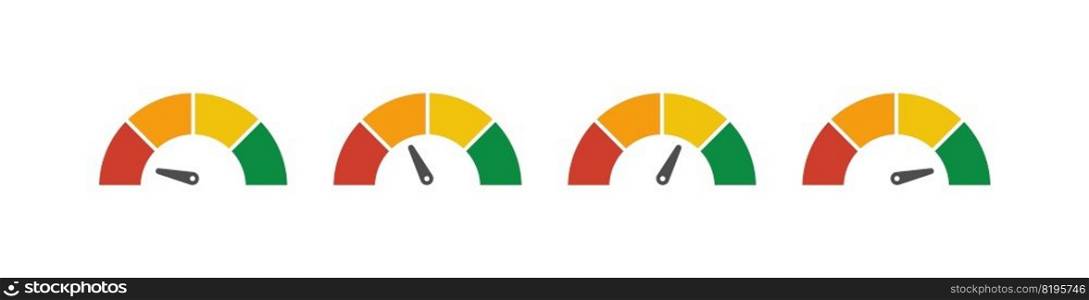 Set of vector speedometer meter with arrow for dashboard with green, yellow, red indicators. Gauge of tachometer. Low, medium, high and risk levels. Bitcoin fear and greed index cryptocurrency.. Set of vector speedometer meter with arrow for dashboard with green, yellow, red indicators. Gauge of tachometer. Low, medium, high and risk levels. Bitcoin fear and greed index cryptocurrency