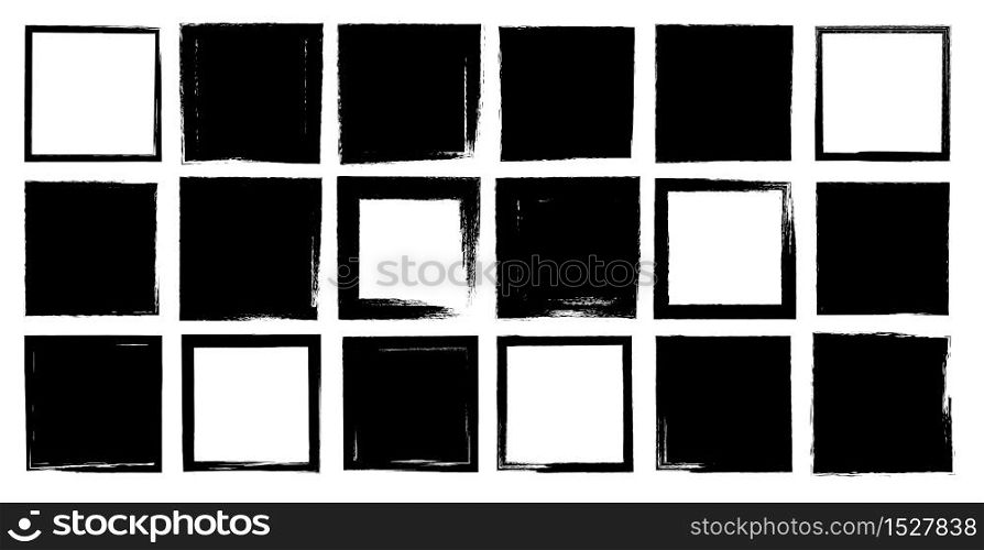 Set of vector squares with irregular stroke. Rough brush strokes. squares full and with lines. Isolated figure. Grunge style.