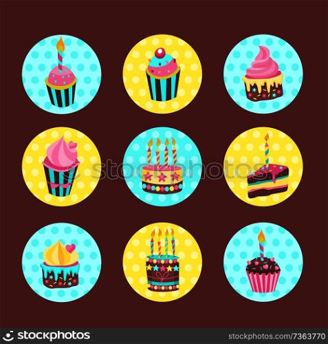 Set of vector stickers, tags.  Lovely birthday Cakes and cupcakes with candles.