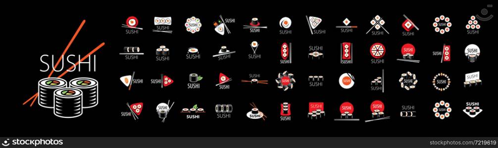 Set of vector Sushi logos on a black background.. Set of vector Sushi logos on a black background